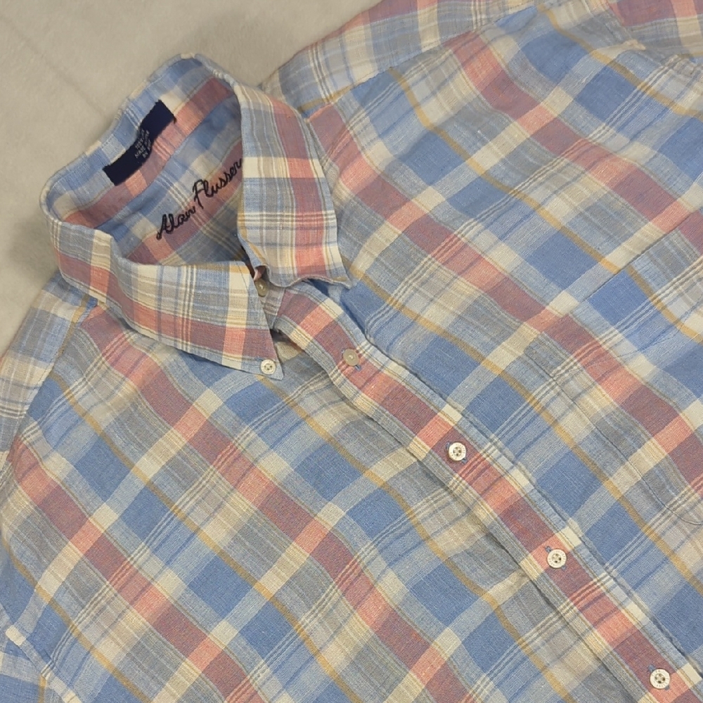 Alan Flusser Plaid Linen Short Sleeve Button-up Mens‎ Shirt Size XXL